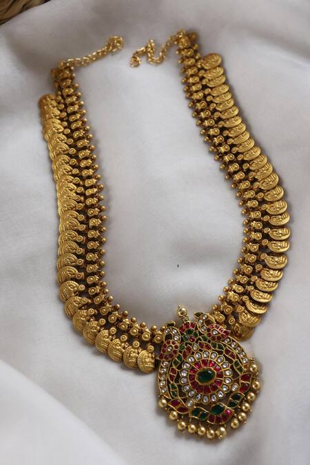 Shop_Do Taara_Gold Plated Temple Necklace With Peacock Pendant _at_Aza_Fashions