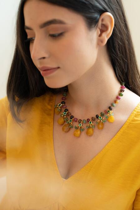 Do Taara_Yellow Kundan Multi Color Choker Necklace _Online_at_Aza_Fashions