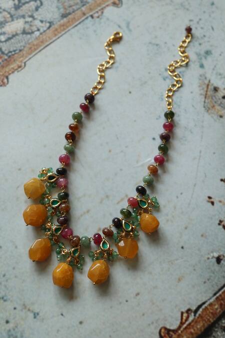 Shop_Do Taara_Yellow Kundan Multi Color Choker Necklace _at_Aza_Fashions