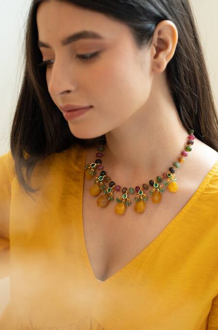Buy_Do Taara_Yellow Kundan Multi Color Choker Necklace _Online_at_Aza_Fashions