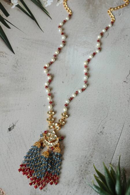 Shop_Do Taara_Blue Kundan Pendant Necklace _at_Aza_Fashions