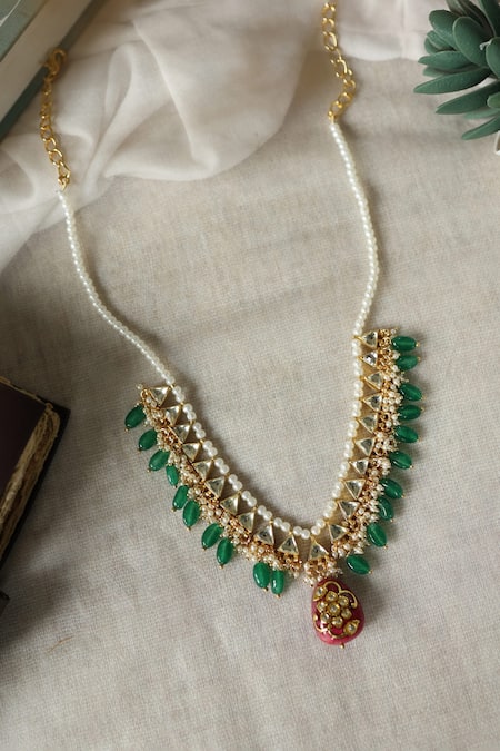 Shop_Do Taara_Green Kundan Necklace With Accents _at_Aza_Fashions