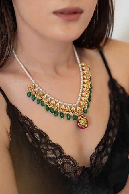 Do Taara_Green Kundan Necklace With Accents _Online_at_Aza_Fashions