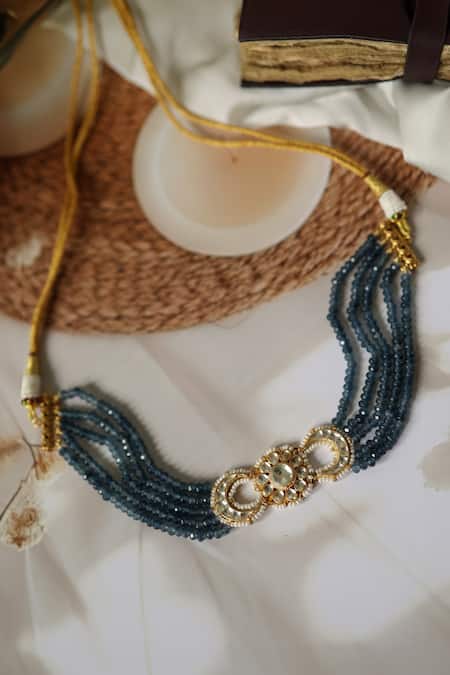 Shop_Do Taara_Turquoise Floral Kundan Choker Necklace _at_Aza_Fashions