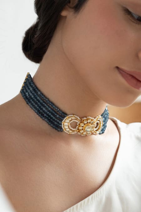 Buy_Do Taara_Turquoise Floral Kundan Choker Necklace _Online_at_Aza_Fashions