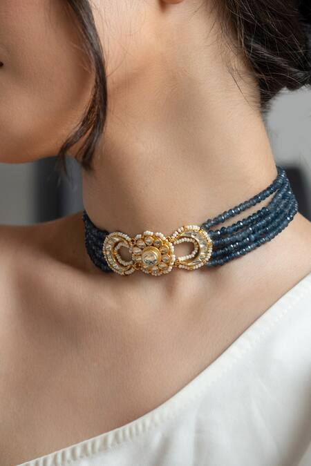 Shop_Do Taara_Turquoise Floral Kundan Choker Necklace _Online_at_Aza_Fashions