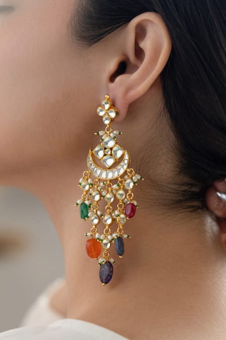 Do Taara_Multi Color Crystals, Pearls Kundan Chandbali Earrings _Online_at_Aza_Fashions
