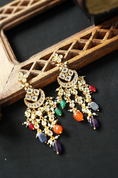 Shop_Do Taara_Multi Color Crystals, Pearls Kundan Chandbali Earrings _at_Aza_Fashions