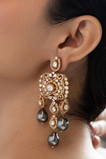 Do Taara_Gray Pearls, Zari Polki Danglers With Zirconia And _Online_at_Aza_Fashions