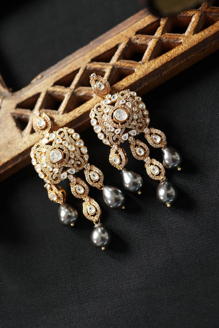 Shop_Do Taara_Gray Pearls, Zari Polki Danglers With Zirconia And _at_Aza_Fashions