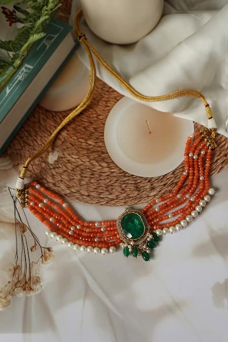 Shop_Do Taara_Orange Beaded Choker Necklace With Green Stone _at_Aza_Fashions