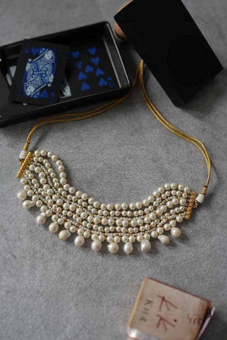 Shop_Do Taara_Gold Plated Pearl Choker Necklace _at_Aza_Fashions