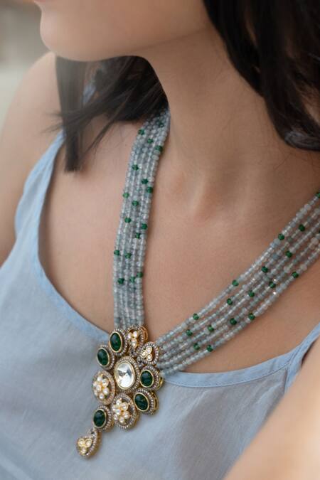 Do Taara_Blue Polki Pendant Necklace _Online_at_Aza_Fashions