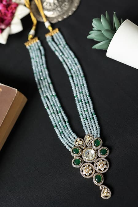 Shop_Do Taara_Blue Polki Pendant Necklace _at_Aza_Fashions