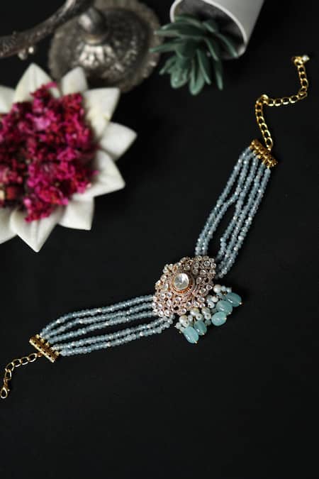 Shop_Do Taara_Blue Polki Choker Necklace With Onyx _at_Aza_Fashions