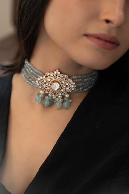 Buy_Do Taara_Blue Polki Choker Necklace With Onyx _Online_at_Aza_Fashions