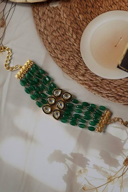 Shop_Do Taara_Green Diamonds Kundan And Jade Bracelet _at_Aza_Fashions
