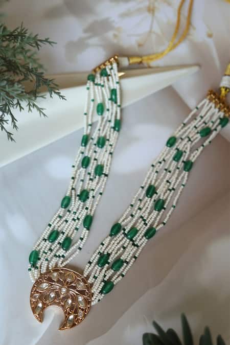 Shop_Do Taara_Green Polki Pendant Necklace _at_Aza_Fashions