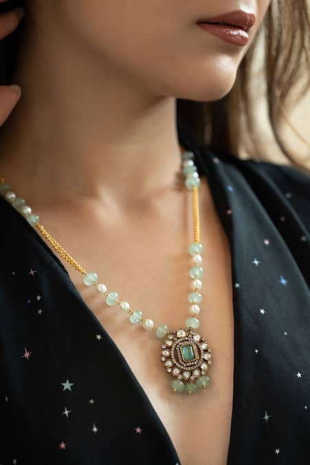 Do Taara_Mint Polki Pendant Necklace With Accents _Online_at_Aza_Fashions