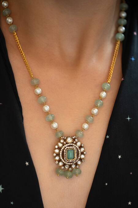 Buy_Do Taara_Mint Polki Pendant Necklace With Accents _Online_at_Aza_Fashions