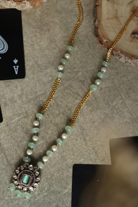 Shop_Do Taara_Mint Polki Pendant Necklace With Accents _at_Aza_Fashions