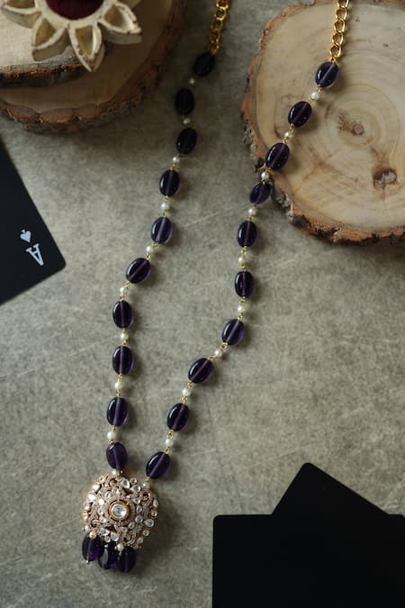 Shop_Do Taara_Purple Polki Pendant Necklace _at_Aza_Fashions