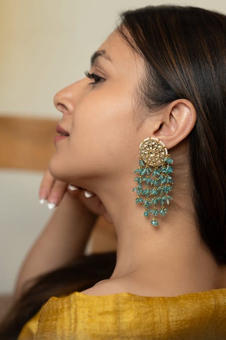 Do Taara_Turquoise Beads Kundan Danglers _Online_at_Aza_Fashions