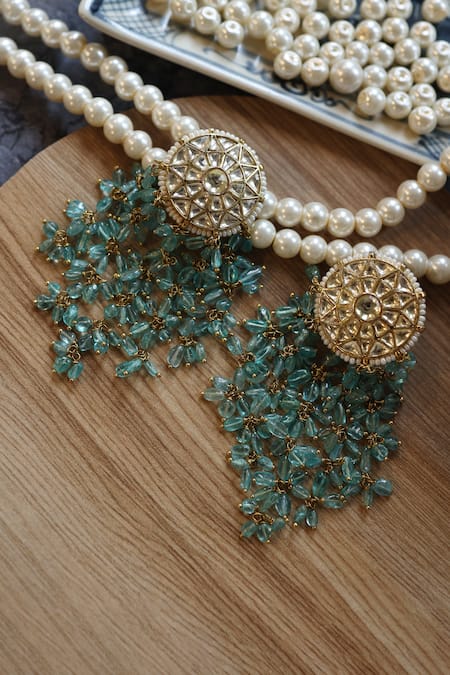 Shop_Do Taara_Turquoise Beads Kundan Danglers _Online_at_Aza_Fashions