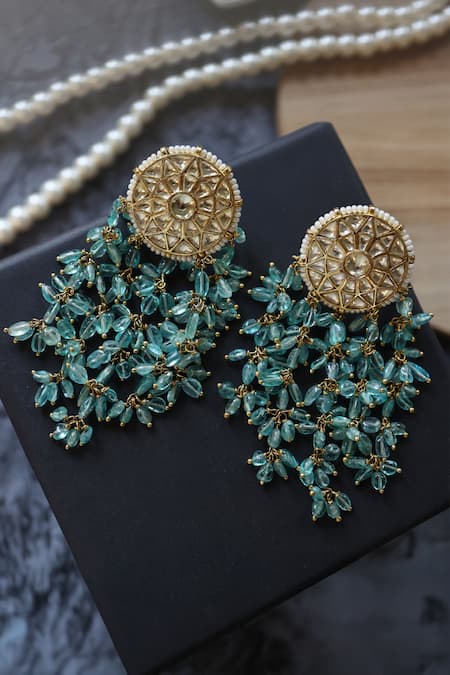 Shop_Do Taara_Turquoise Beads Kundan Danglers _at_Aza_Fashions