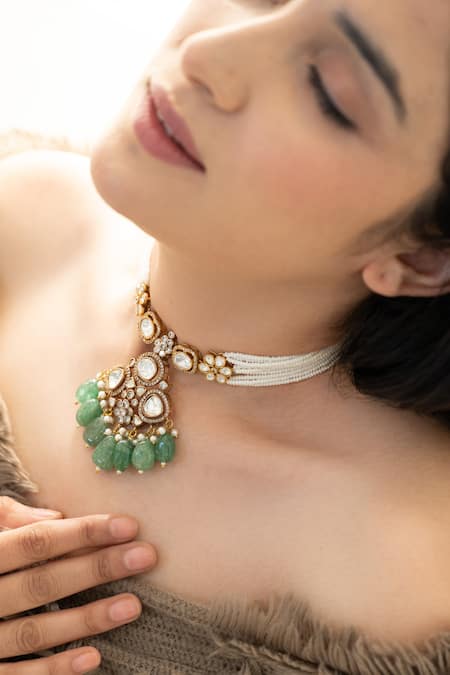 Do Taara_Green Polki And Pearls Necklace _Online_at_Aza_Fashions