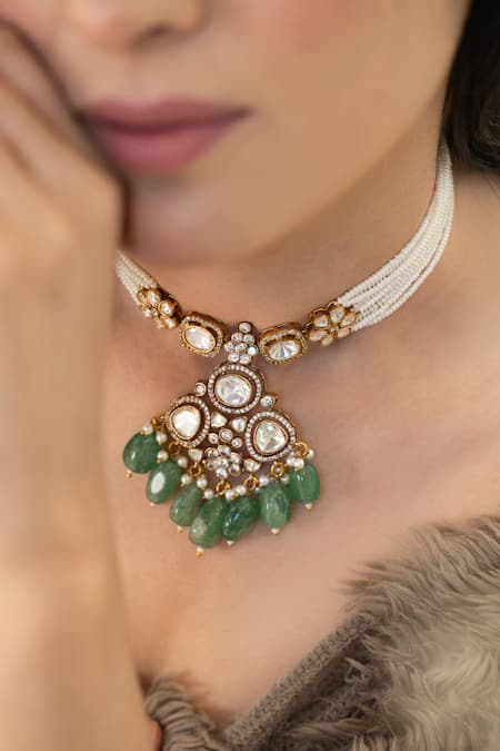 Buy_Do Taara_Green Polki And Pearls Necklace _Online_at_Aza_Fashions