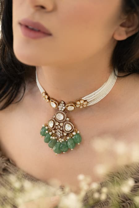Shop_Do Taara_Green Polki And Pearls Necklace _Online_at_Aza_Fashions