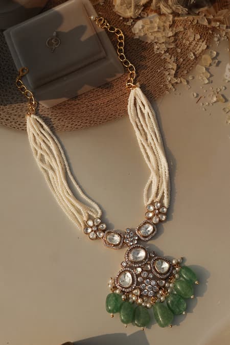 Do Taara_Green Polki And Pearls Necklace _at_Aza_Fashions