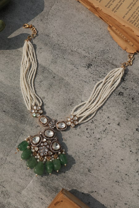 Shop_Do Taara_Green Polki And Pearls Necklace _at_Aza_Fashions
