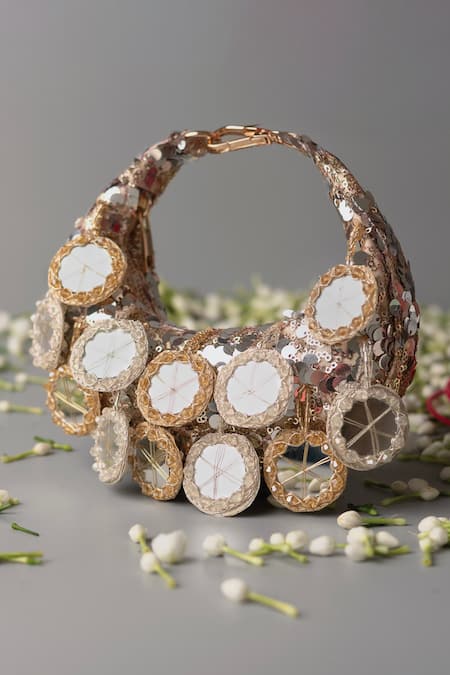 Bhavna Kumar_Gold Mirrors, Sequins Crescent Mini Bag With Hangings _Online_at_Aza_Fashions