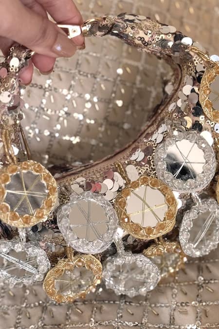 Buy_Bhavna Kumar_Gold Mirrors, Sequins Crescent Mini Bag With Hangings _Online_at_Aza_Fashions