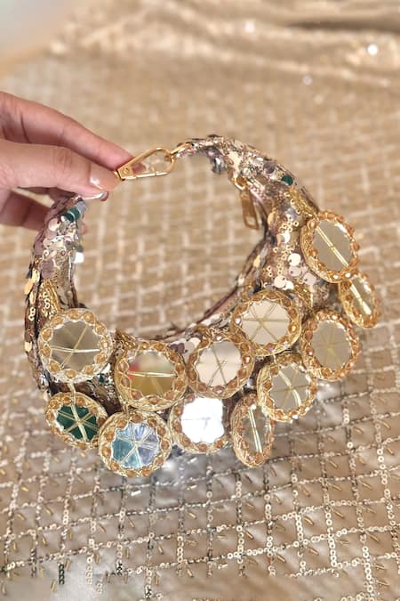 Shop Bhavna Kumar Gold Mirrors, Sequins Crescent Mini Bag at Aza Fashions Shop_Bhavna Kumar_Gold Mirrors, Sequins Crescent Mini Bag_at_Aza_Fashions