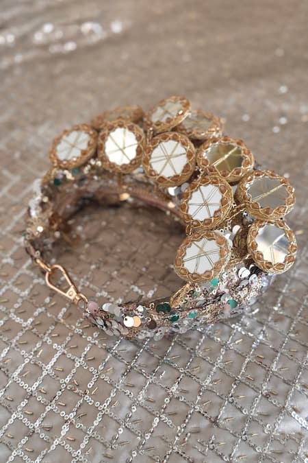 Buy Bhavna Kumar Gold Mirrors, Sequins Crescent Mini Bag Online at Aza Fashions Buy_Bhavna Kumar_Gold Mirrors, Sequins Crescent Mini Bag_Online_at_Aza_Fashions