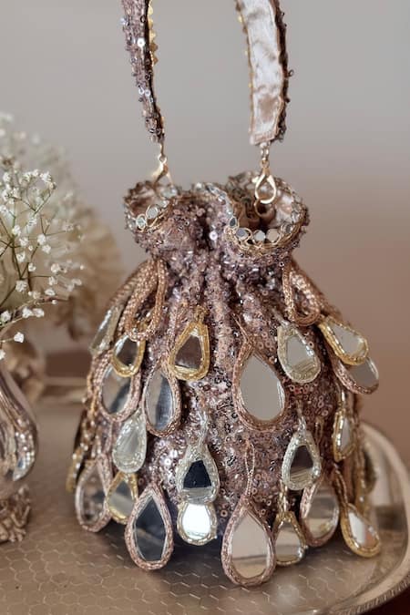 Bhavna Kumar_Gold Sequins, Mirrors Potli Bag With Detachable Handle _at_Aza_Fashions