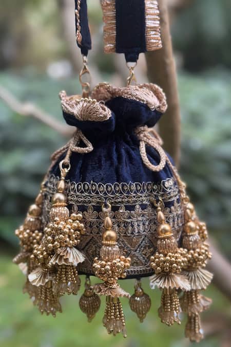 Bhavna Kumar_Blue Tassels, Beads Velvet Potli Gold Detachable Strap _Online_at_Aza_Fashions