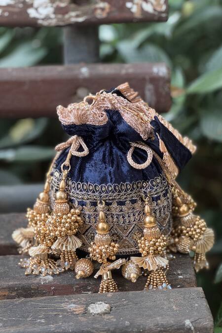 Buy_Bhavna Kumar_Blue Tassels, Beads Velvet Potli Gold Detachable Strap _Online_at_Aza_Fashions