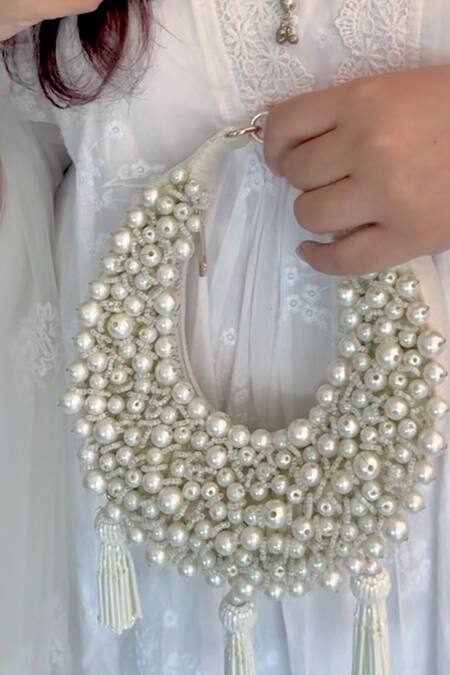 Bhavna Kumar White Pearls, Tassels Embellished Moon Mini Bag Online at Aza Fashions Bhavna Kumar_White Pearls, Tassels Embellished Moon Mini Bag_Online_at_Aza_Fashions