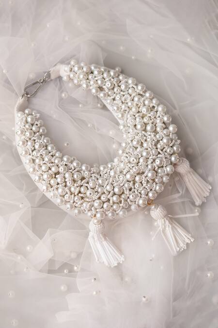 Shop Bhavna Kumar White Pearls, Tassels Embellished Moon Mini Bag Online at Aza Fashions Shop_Bhavna Kumar_White Pearls, Tassels Embellished Moon Mini Bag_Online_at_Aza_Fashions