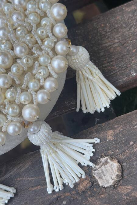 Buy Bhavna Kumar White Pearls, Tassels Embellished Moon Mini Bag Buy_Bhavna Kumar_White Pearls, Tassels Embellished Moon Mini Bag