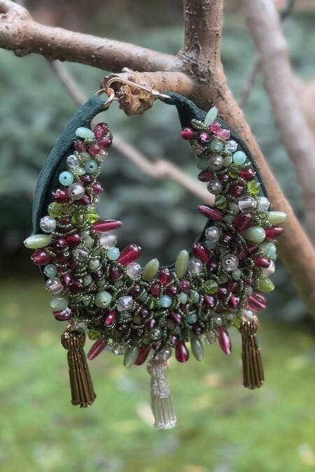 Shop Bhavna Kumar Multi Color Beads, Tassels Embellished Mini Moon Bag at Aza Fashions Shop_Bhavna Kumar_Multi Color Beads, Tassels Embellished Mini Moon Bag_at_Aza_Fashions