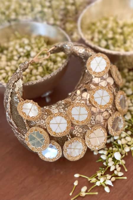 Bhavna Kumar_Gold Mirrors Crescent Mini Bag With Hangings_Online_at_Aza_Fashions