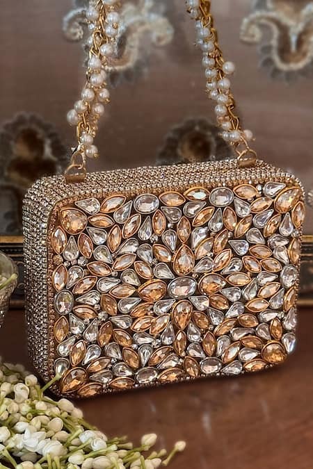 Bhavna Kumar_Gold Embroidery, Stones Kundan Clutch Bag With Chain Strap _Online_at_Aza_Fashions