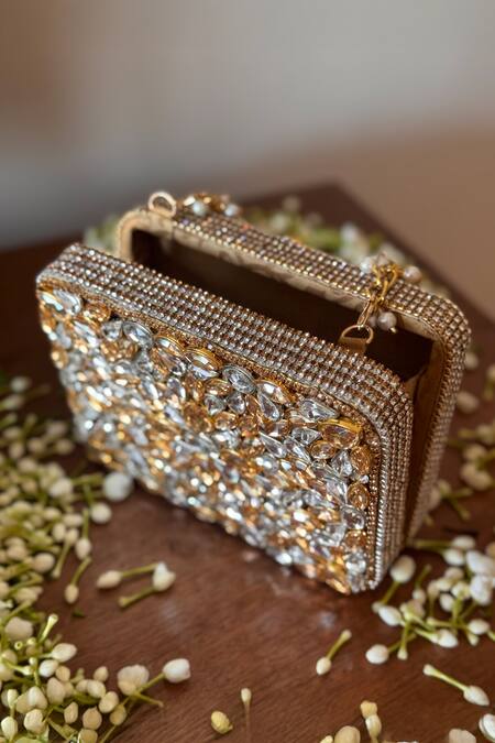 Buy_Bhavna Kumar_Gold Embroidery, Stones Kundan Clutch Bag With Chain Strap _Online_at_Aza_Fashions
