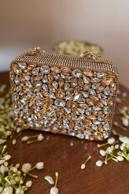 Shop_Bhavna Kumar_Gold Embroidery, Stones Kundan Clutch Bag With Chain Strap _Online_at_Aza_Fashions