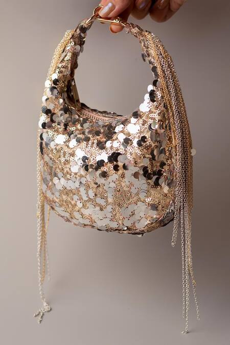 Shop Bhavna Kumar Gold Sequins Clutch Bag With Chain Tassels at Aza Fashions Shop_Bhavna Kumar_Gold Sequins Clutch Bag With Chain Tassels_at_Aza_Fashions